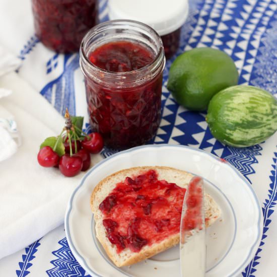 Easy Cherry Lime Freezer Jam - Recipe photo by deliacreates