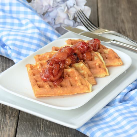 Buttermilk Waffles, Cherry Compote - Recipe photo by oliveoilandlemons