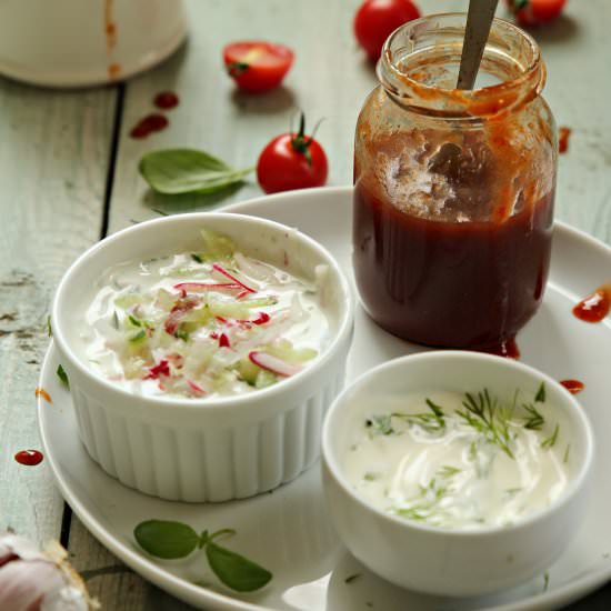 Garlic, Tzatziki and BBQ Sauces - Recipe photo by whitekitchenette