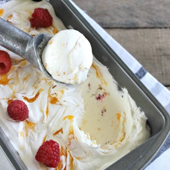 No Churn Peach & Raspberry Ice Cream - Recipe photo by Purely Katie