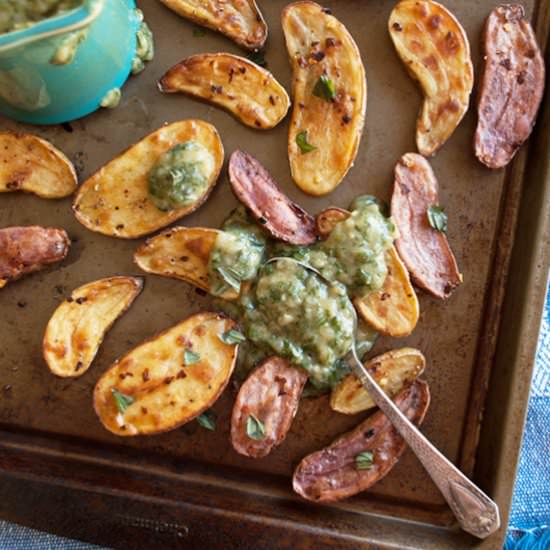 Spicy Potatoes with Basil Sauce - Recipe photo by InMyRedKitchen