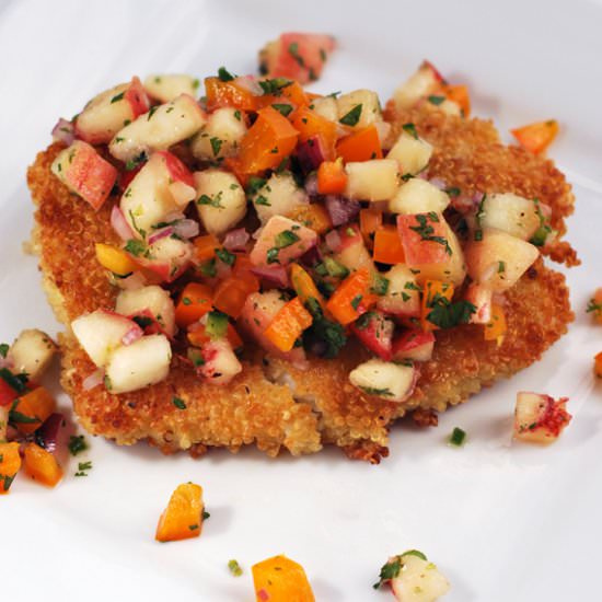Quinoa Crusted Cod with Peach Salsa - Recipe photo by culinarymamas