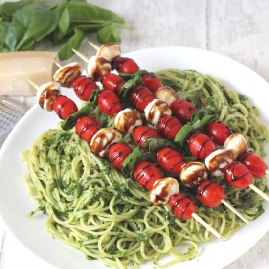 Pesto Pasta with Caprese Skewers - Recipe photo by myfussyeater