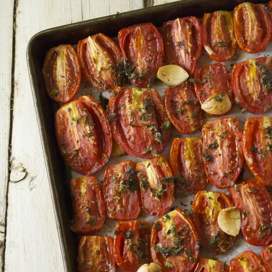 Roasted Tomatoes w/ Garlic + Herbs - Recipe photo by RelishingIt