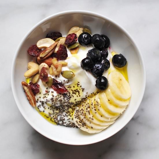 Breakfast Yogurt w/ EVOO + Fruit - Recipe photo by erinschubert