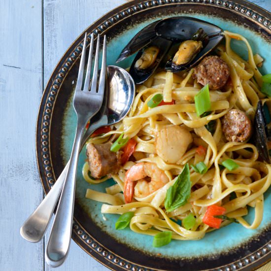 Blackened Seafood & Chorizo Pasta - Recipe photo by peachesncreamblog
