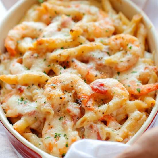 Skinny Shrimp Alfredo Pasta Bake - Recipe photo by damndelicious