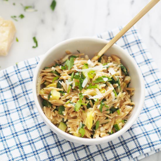 Summer Squash & Spinach Orzo Pasta - Recipe photo by typicaldomesticbabe