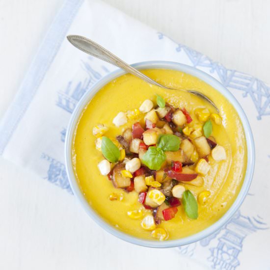 Corn Chowder with Peach Salsa - Recipe photo by FoodPornVeganStyle