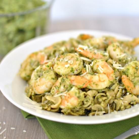 Lemony Kale Pesto Pasta with Shrimp - Recipe photo by rmbrosemer