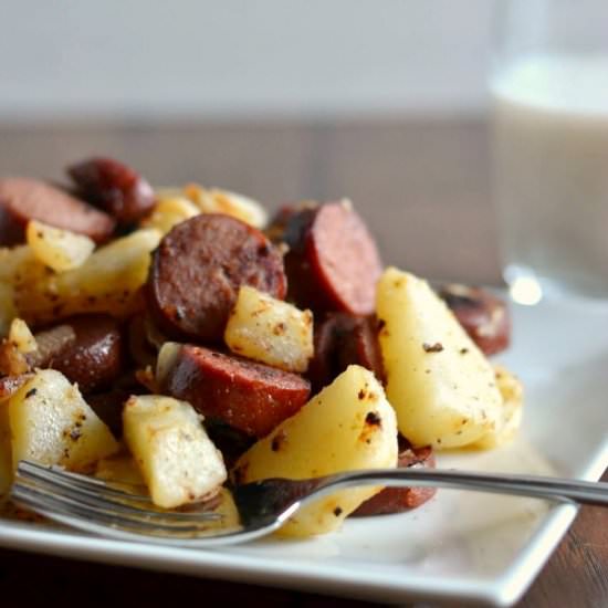 Sausage, Potatoes & Grilled Onion - Recipe photo by Eat Better Spend Less