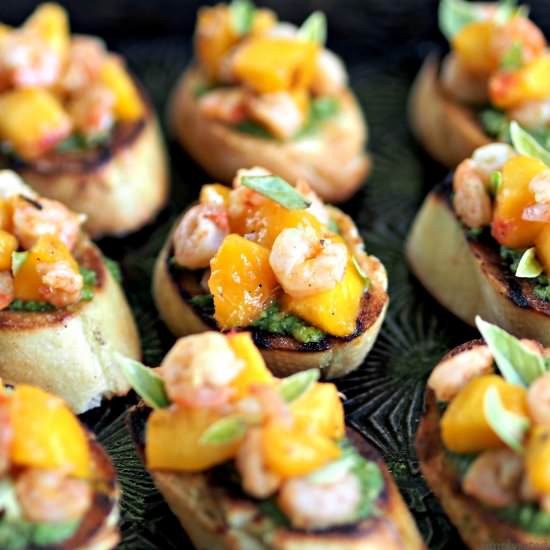 Peach & Shrimp Crostini with Pesto - Recipe photo by simply sated