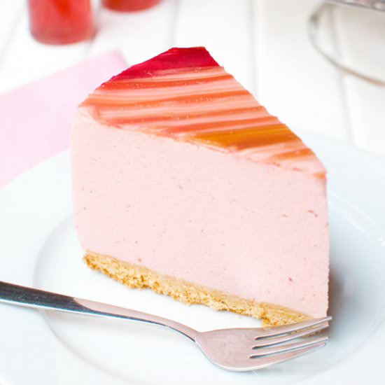 Strawberry Mousse Cake with Rhubarb - Recipe photo by thetoughcookie