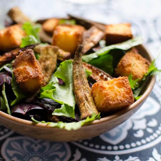 Okra + Cornbread Croutons Salad - Recipe photo by kenanhill