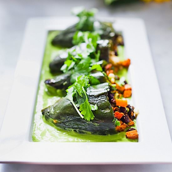 Stuffed Poblanos w/ Avocado Sauce - Recipe photo by Feasting at Home