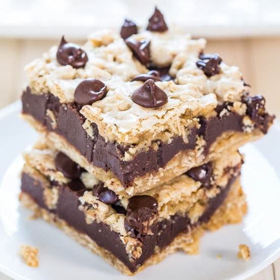 Fudgy Oatmeal Choc Chip Cookie Bars - Recipe photo by Averie