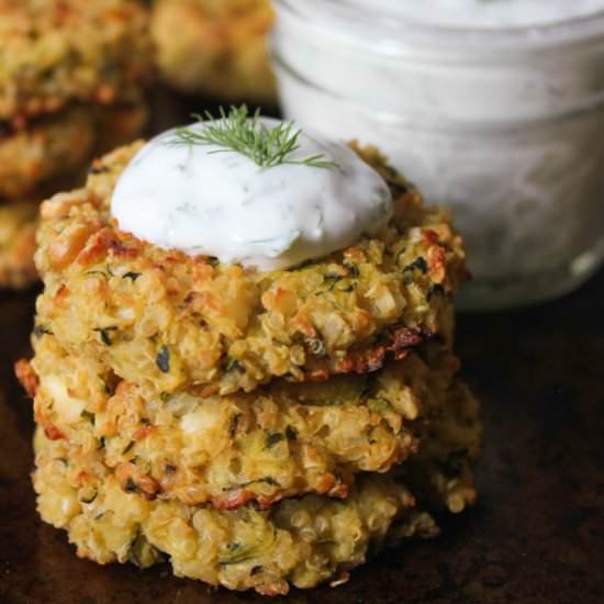 Zucchini-Quinoa Cakes w/ Dill Yogurt - Recipe photo by domesticateme