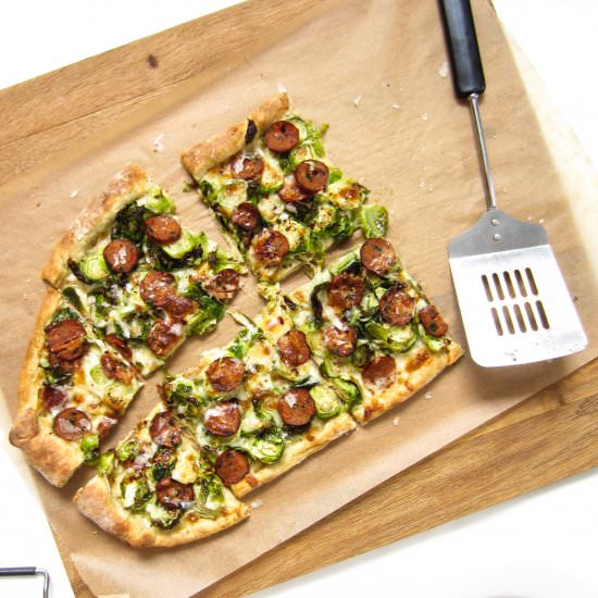 Brussel Sprout and Sausage Pizza - Recipe photo by baconeggcheesecake