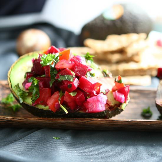 Beetroot Salsa filled Avocado - Recipe photo by angiesrecipes