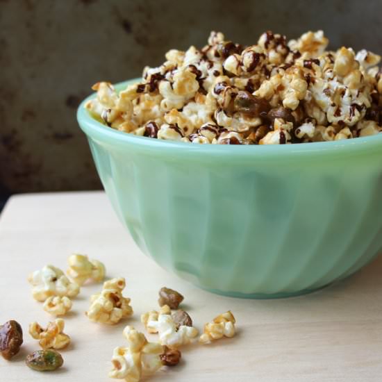 Chocolate & Pistachio Caramel Corn - Recipe photo by TheChicCountryGirl