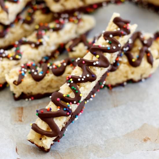 Chocolate Dipped Rice Krispy Sticks - Recipe photo by midweekminimalist