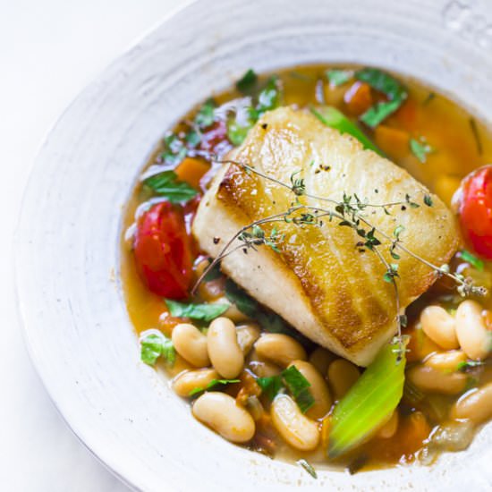 Sea bass w/Cannellini Bean Stew - Recipe photo by Feasting at Home