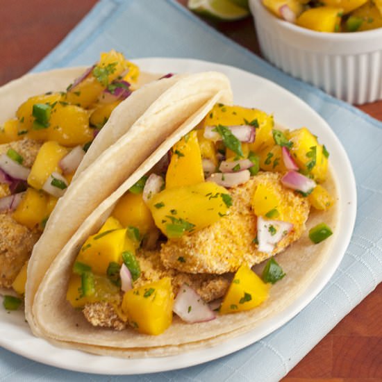 Cornbread Fish Tacos w/ Mango Salsa - Recipe photo by 2Teaspoons