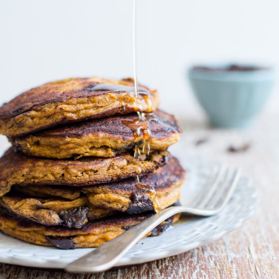 Chocolate Chip Pumpkin Pancakes - Recipe photo by jchongstudio