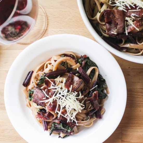 Fettuccine, Bacon and Beet Greens - Recipe photo by northwestworkshop
