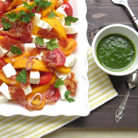 Peach Caprese with Herb Dressing - Recipe photo by garlic and zest