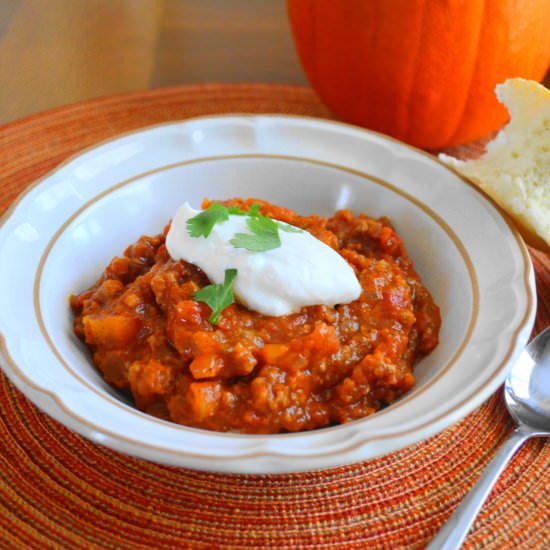 Meaty Pumpkin Chili - Recipe photo by jeanieandluluskitchen