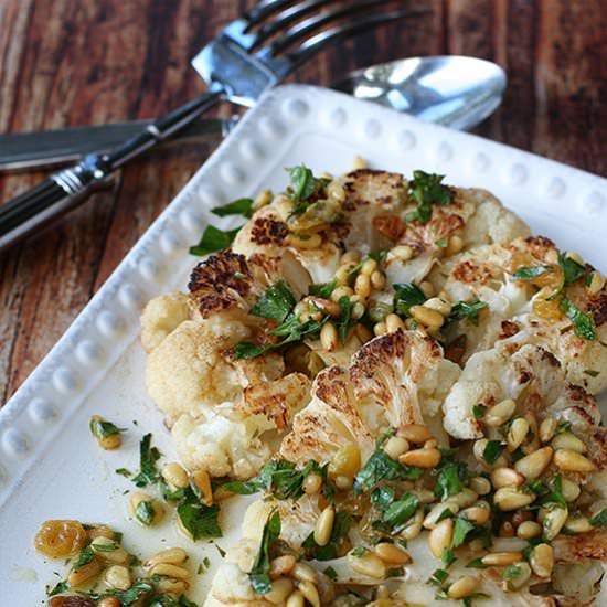 Cauliflower Steaks & Pine Nuts - Recipe photo by RaisinandFig
