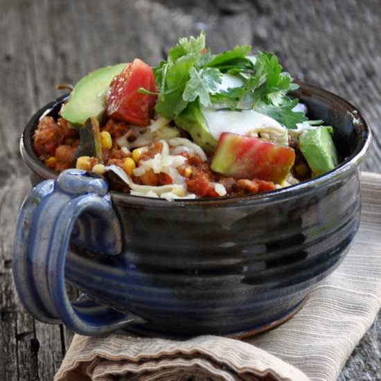 Roasted Poblano and Chorizo Chili - Recipe photo by PinchandSwirl