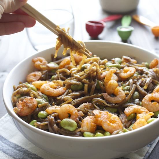 Asian Noodles with Sriracha Shrimp - Recipe photo by thealmondeater