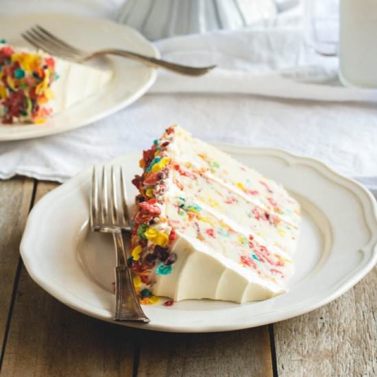 Fruity Pebbles Funfetti Cake - Recipe photo by butterlustblog