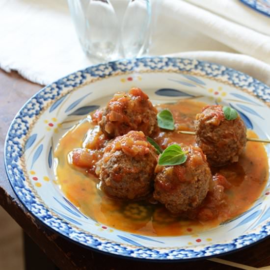 Tomato-Simmered Bison Meatballs - Recipe photo by AnEdibleMosaic