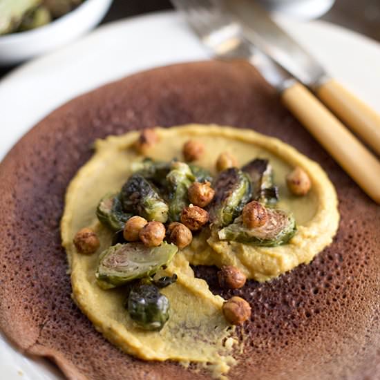 Squash Hummus w/ Injera + Brussels - Recipe photo by OurFourForks