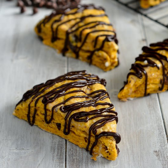 Pumpkin Chocolate Chunk Scones - Recipe photo by peachesncreamblog