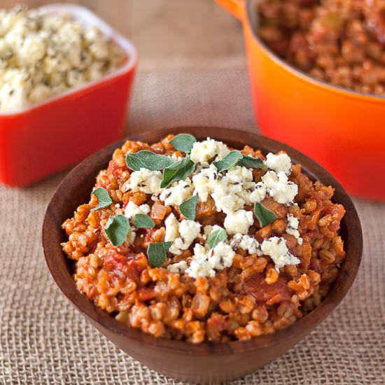 Barley Risotto with Marinated Feta - Recipe photo by veggiesbycandlelight
