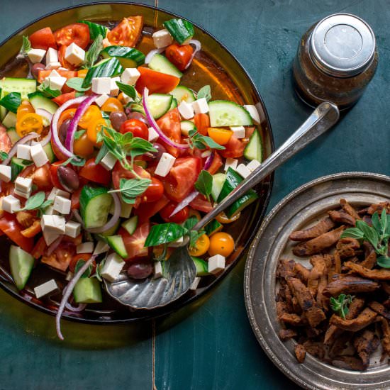 Vegan Greek salad with Gyros strips - Recipe photo by rhiannonveganmelbourne