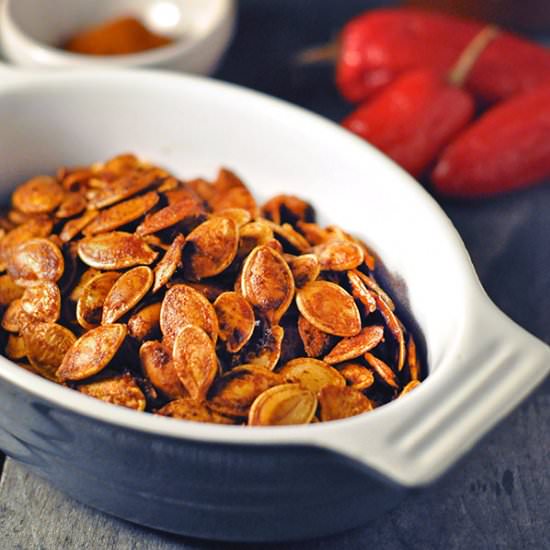 Spicy Sriracha Pumpkin Seeds - Recipe photo by Mighty Mrs