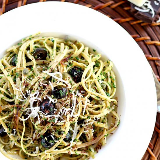 Kale Pesto, Black Olives and Capers - Recipe photo by gooddinnermom
