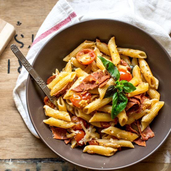 Salami, tomato and basil pasta bake - Recipe photo by rhiannonveganmelbourne