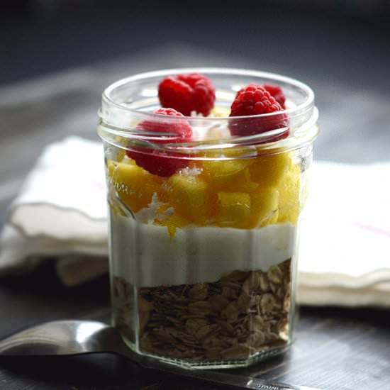 Coconut, Mango & Raspberry Oats - Recipe photo by notacurry.com