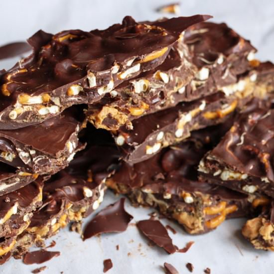 Chocolate + Peanut Butter Bark - Recipe photo by pearlsonastring