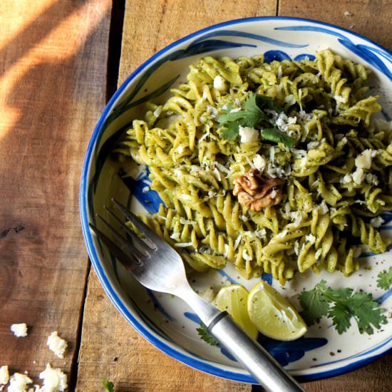 Fusilli in walnut cilantro pesto - Recipe photo by Priyadarshini Chatterjee