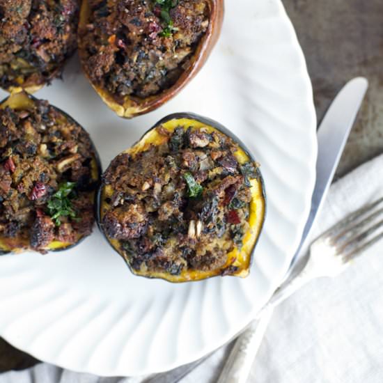 Acorn Squash +GF Cornbread Stuffing - Recipe photo by OurFourForks
