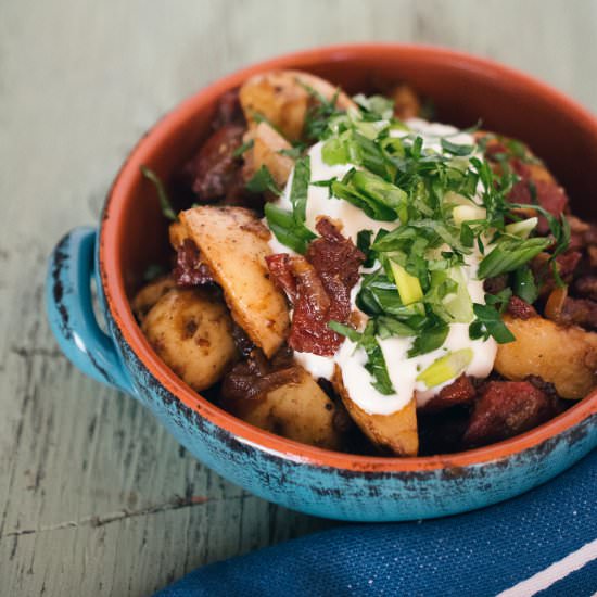 Balsamic Braised Potatoes + Chorizo - Recipe photo by Food Gays