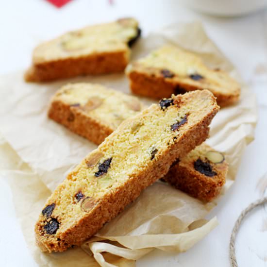 Cherry, Coconut, Pistachio Biscotti - Recipe photo by girlversusdough