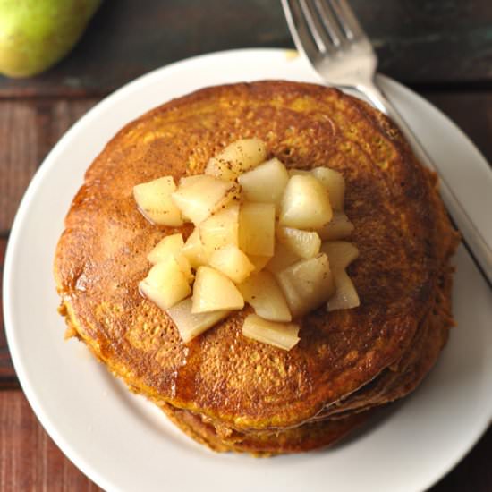 Pumpkin Pancakes with Poached Pears - Recipe photo by caseyjadehill